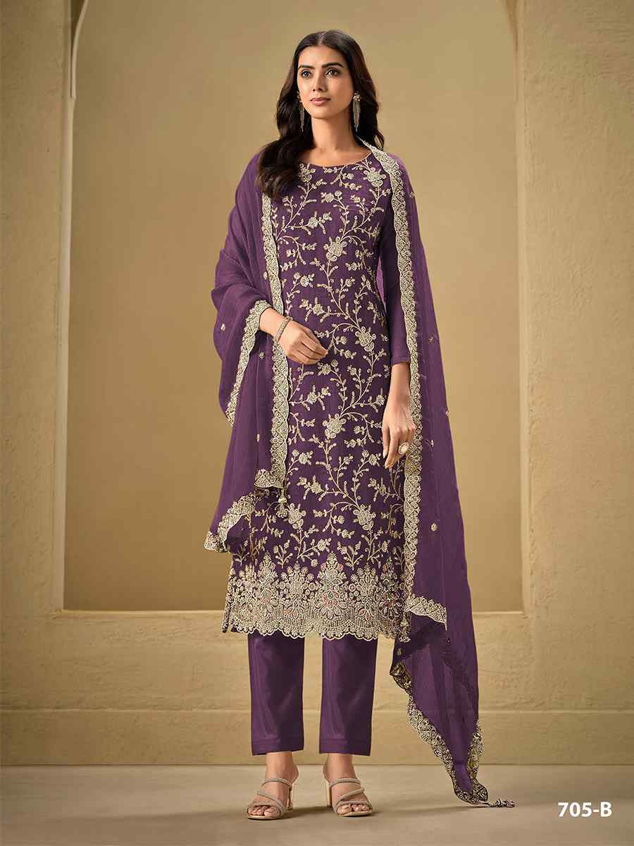 Purple Heavy Chinon Embroidered Festival Casual Pant Salwar Kameez