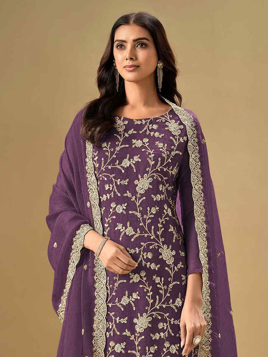 Purple Heavy Chinon Embroidered Festival Casual Pant Salwar Kameez