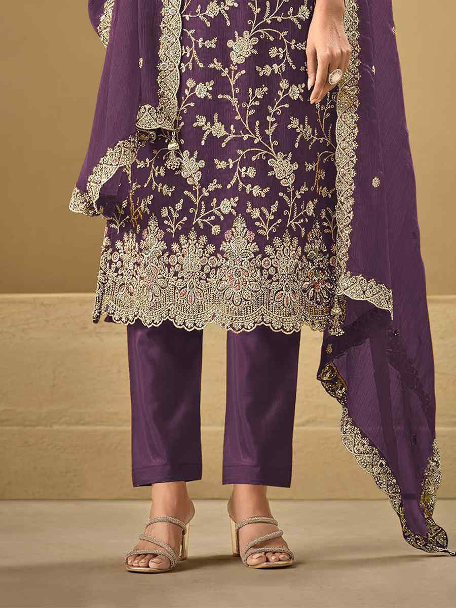 Purple Heavy Chinon Embroidered Festival Casual Pant Salwar Kameez