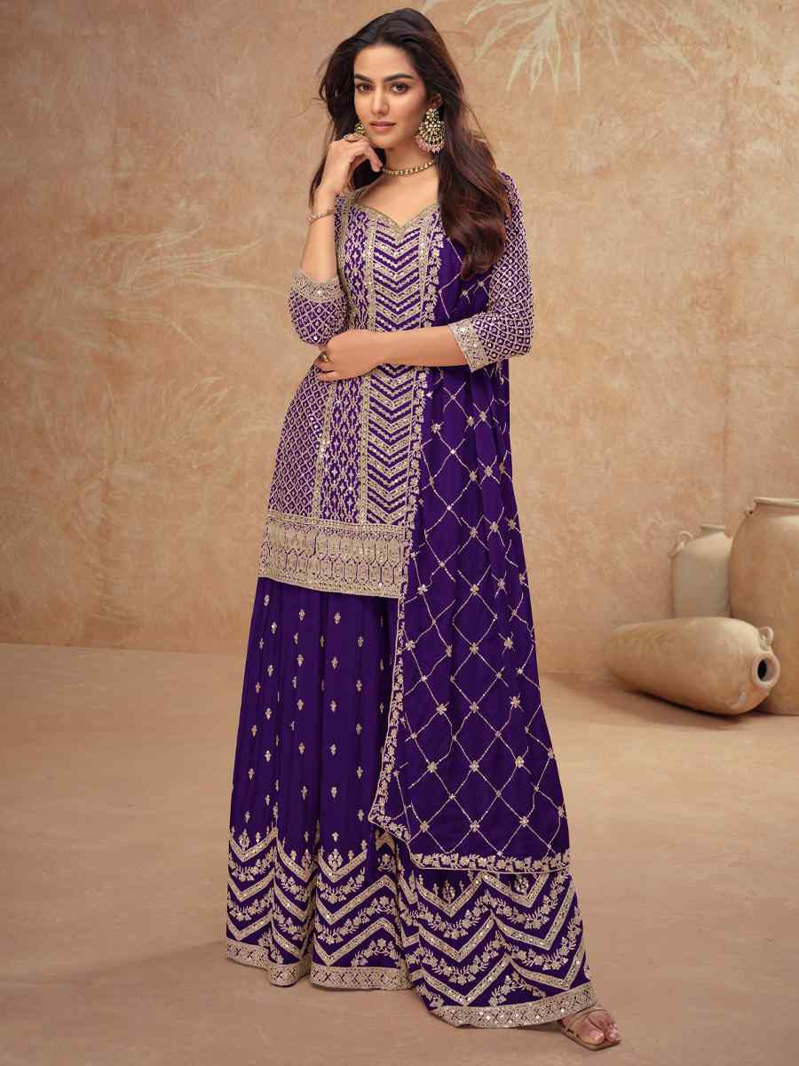 Purple Heavy Chinon Embroidered Festival Casual Sharara Salwar Kameez