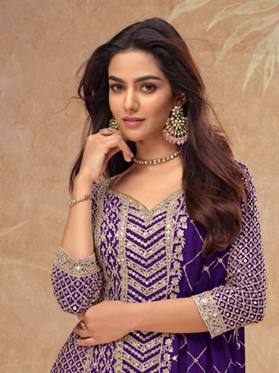 Purple Heavy Chinon Embroidered Festival Casual Sharara Salwar Kameez