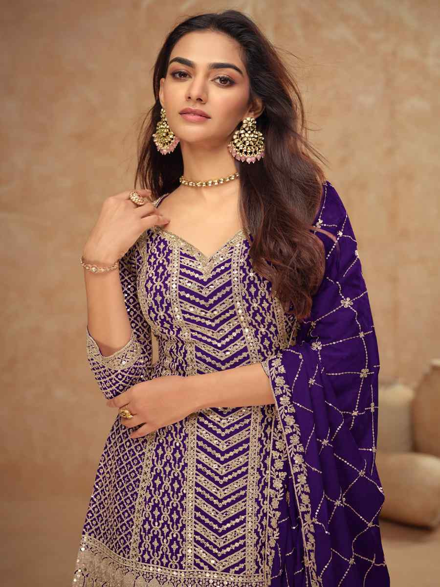 Purple Heavy Chinon Embroidered Festival Casual Sharara Salwar Kameez