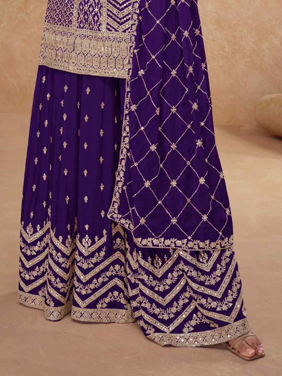 Purple Heavy Chinon Embroidered Festival Casual Sharara Salwar Kameez