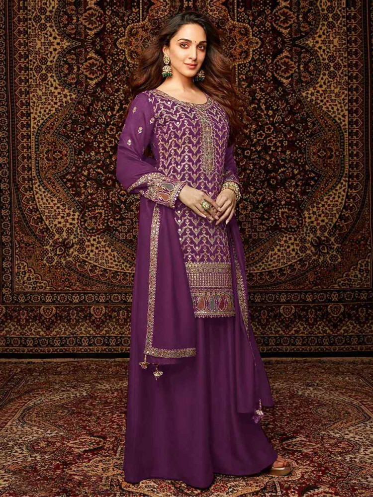 Purple Heavy Chinon Embroidered Festival Wedding Palazzo Pant Salwar Kameez