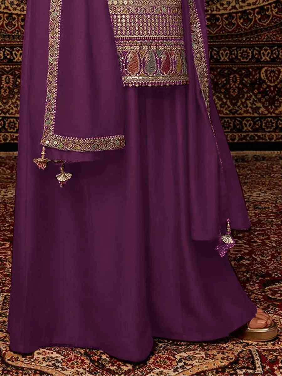 Purple Heavy Chinon Embroidered Festival Wedding Palazzo Pant Salwar Kameez
