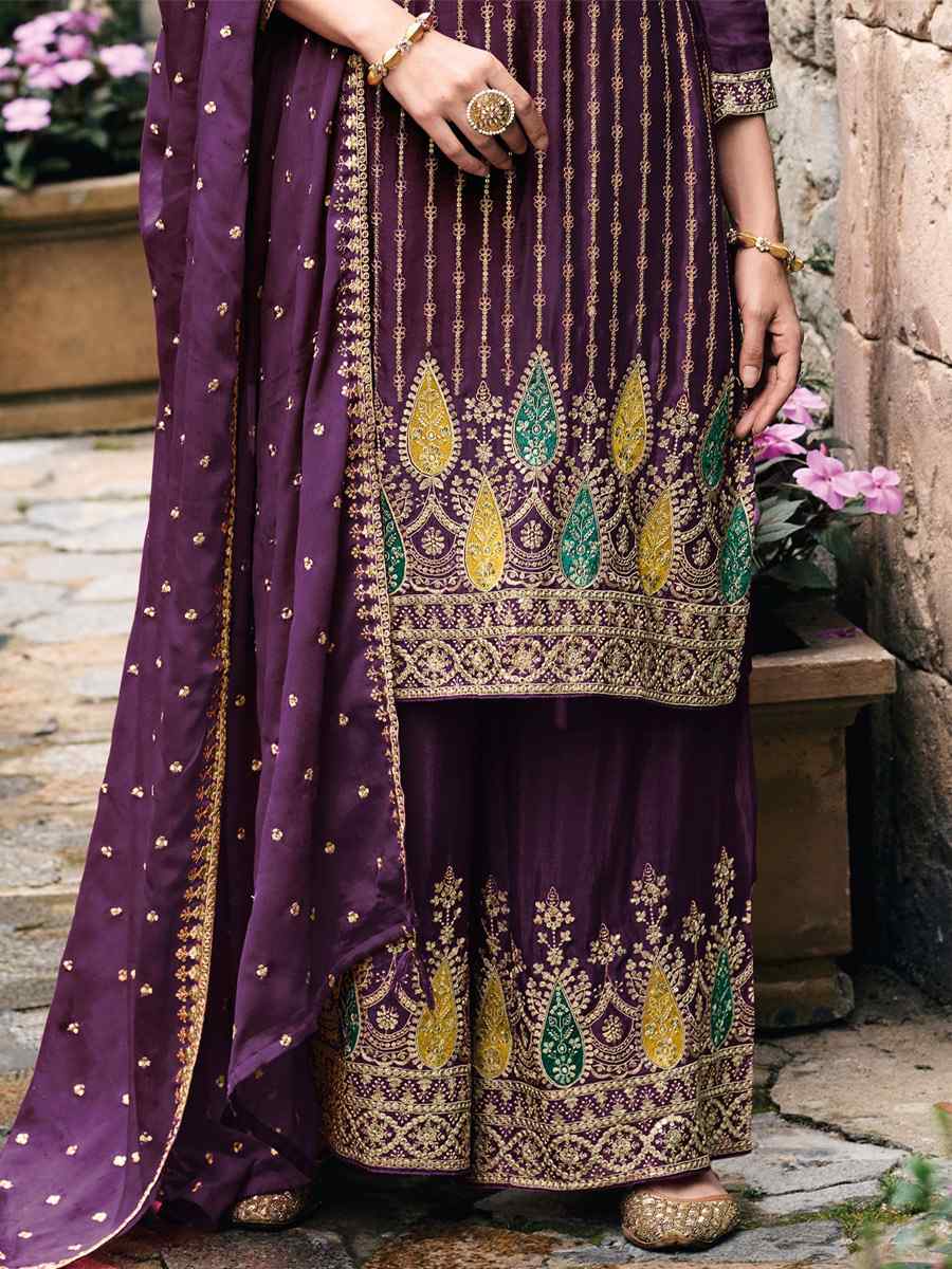 Purple Heavy Chinon Embroidered Festival Wedding Palazzo Pant Salwar Kameez