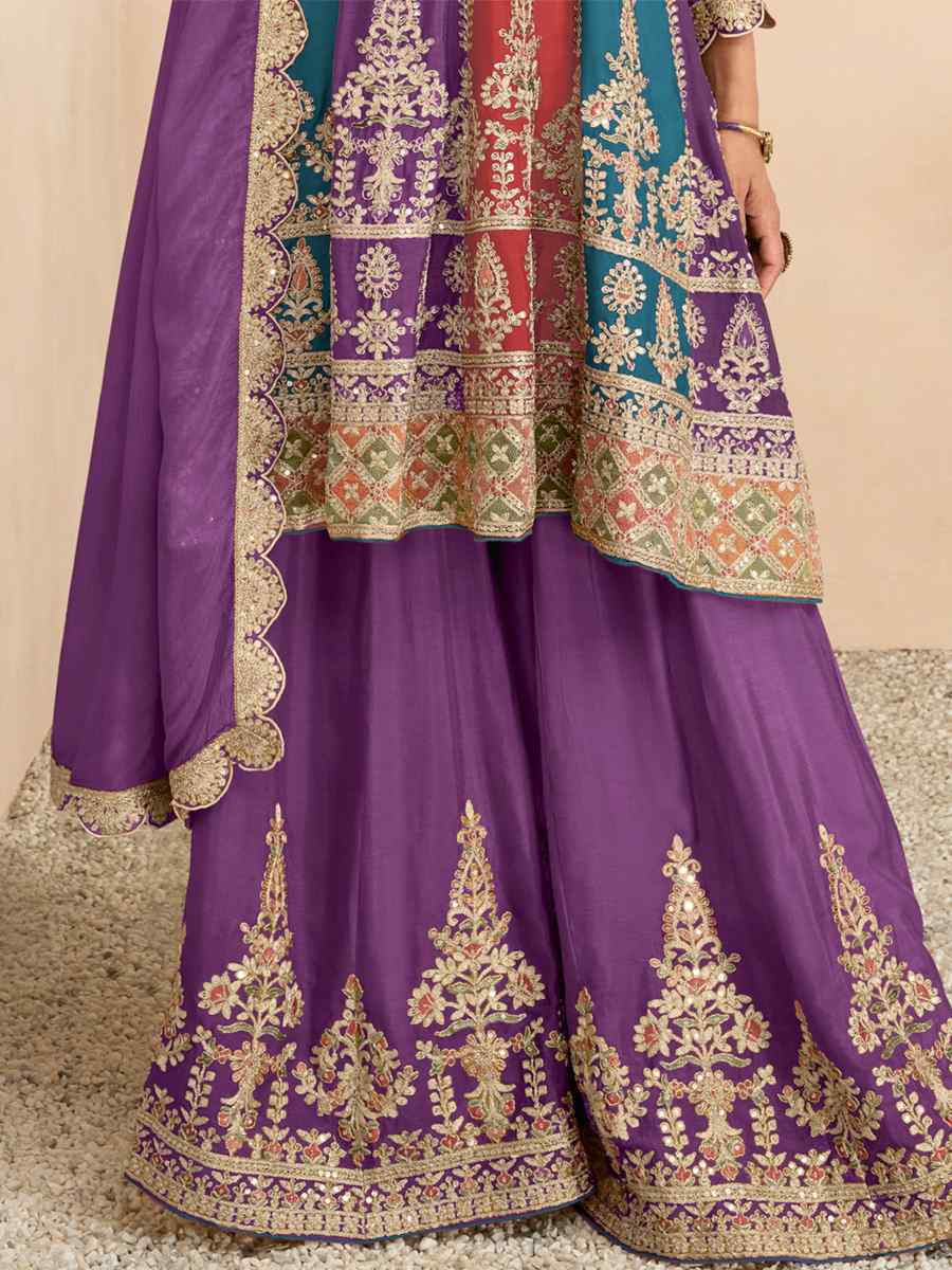 Purple Heavy Chinon Embroidered Festival Wedding Palazzo Pant Salwar Kameez