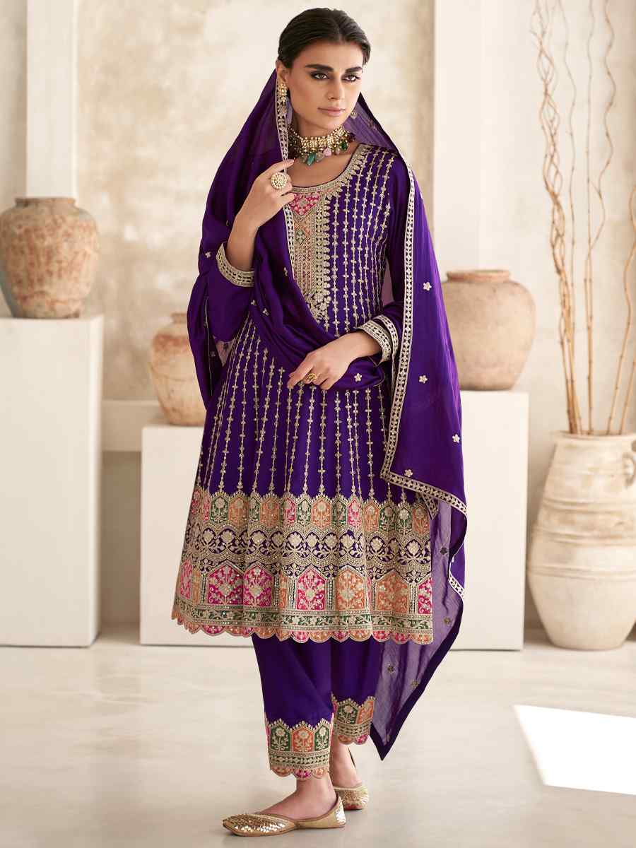 Purple Heavy Chinon Embroidered Festival Wedding Patiala Salwar Kameez