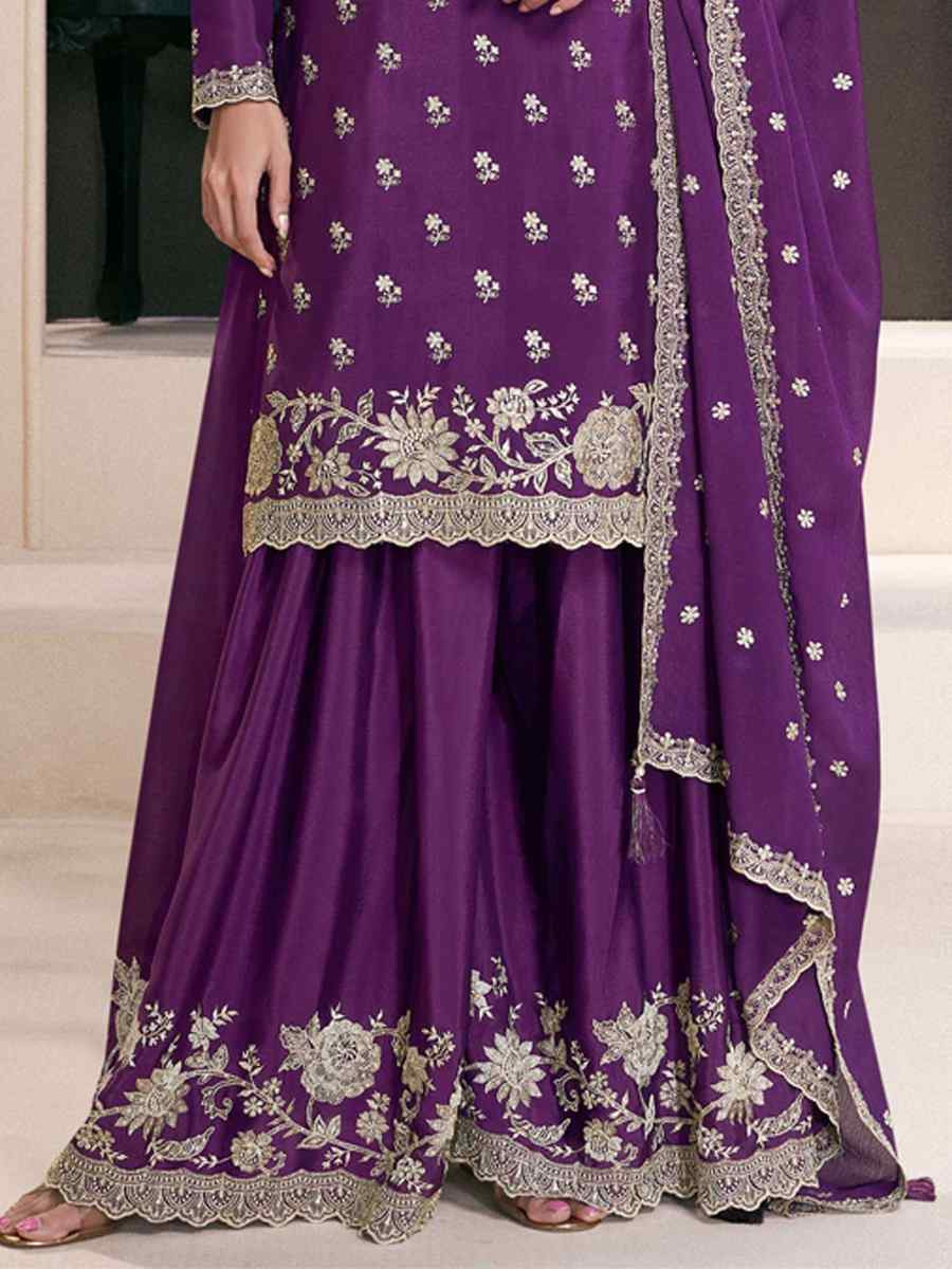 Purple Heavy Chinon Embroidered Festival Wedding Sharara Pant Salwar Kameez