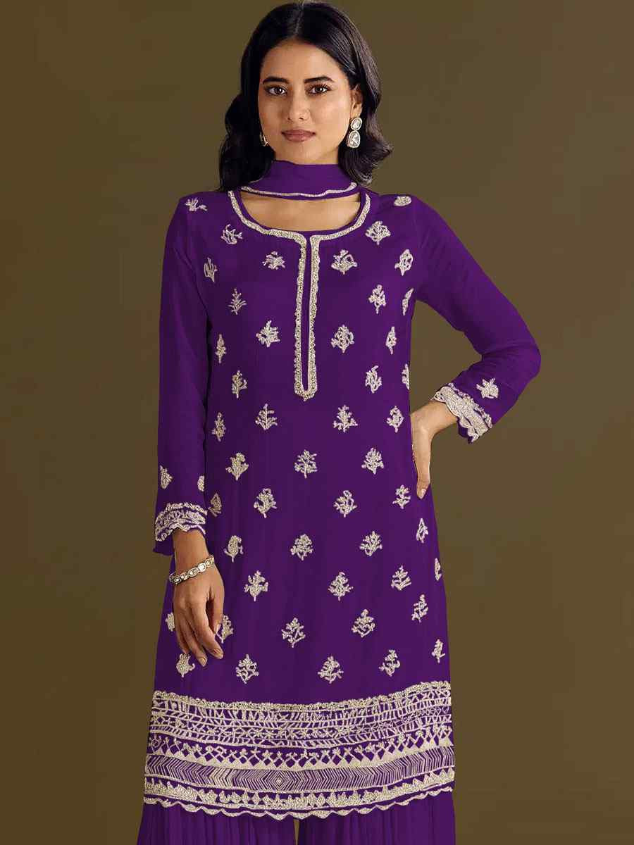 Purple Heavy Chinon Embroidered Festival Wedding Sharara Pant Salwar Kameez