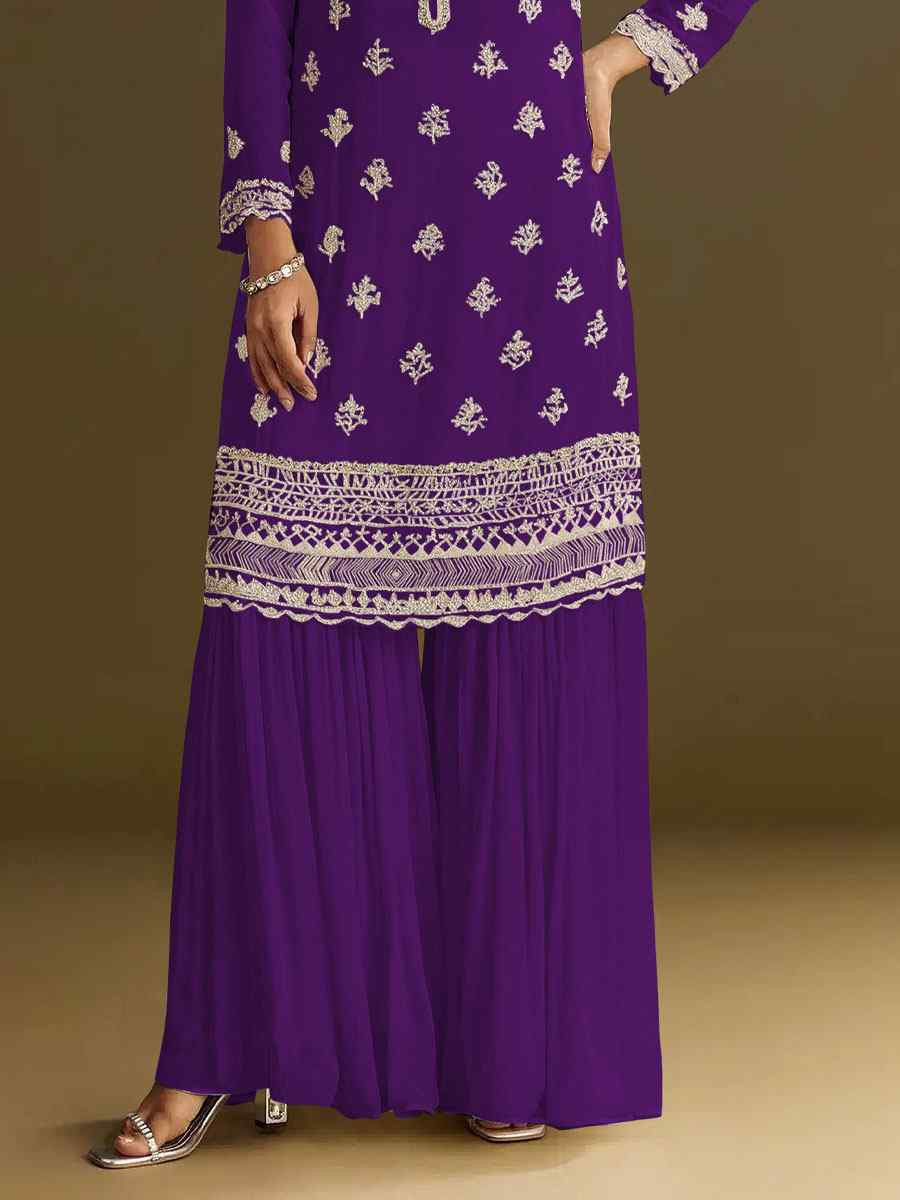 Purple Heavy Chinon Embroidered Festival Wedding Sharara Pant Salwar Kameez