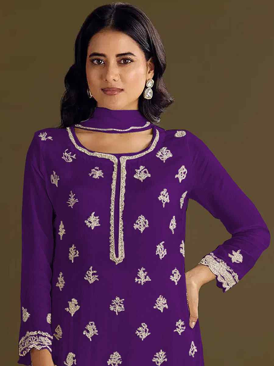 Purple Heavy Chinon Embroidered Festival Wedding Sharara Pant Salwar Kameez
