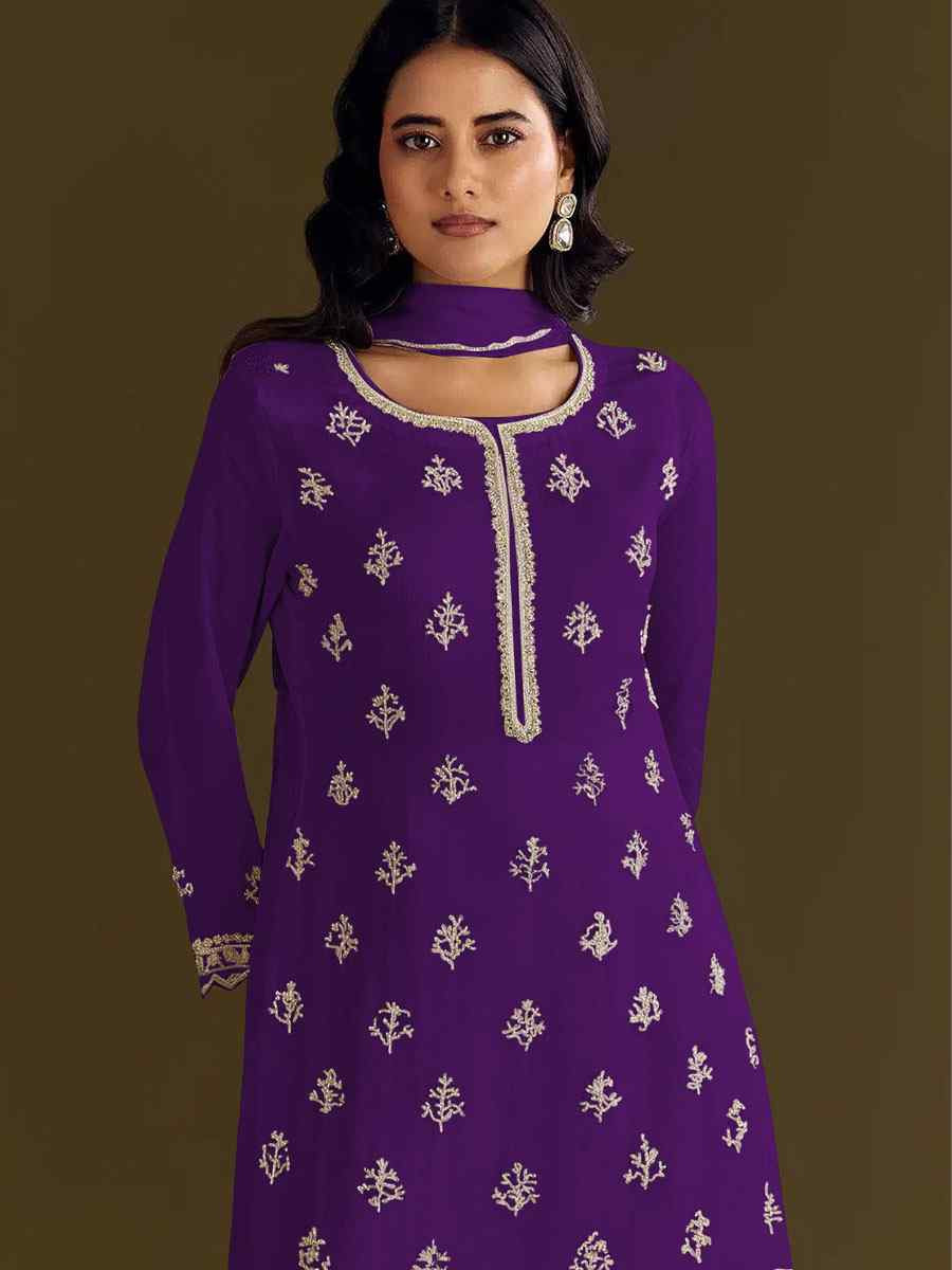 Purple Heavy Chinon Embroidered Festival Wedding Sharara Pant Salwar Kameez
