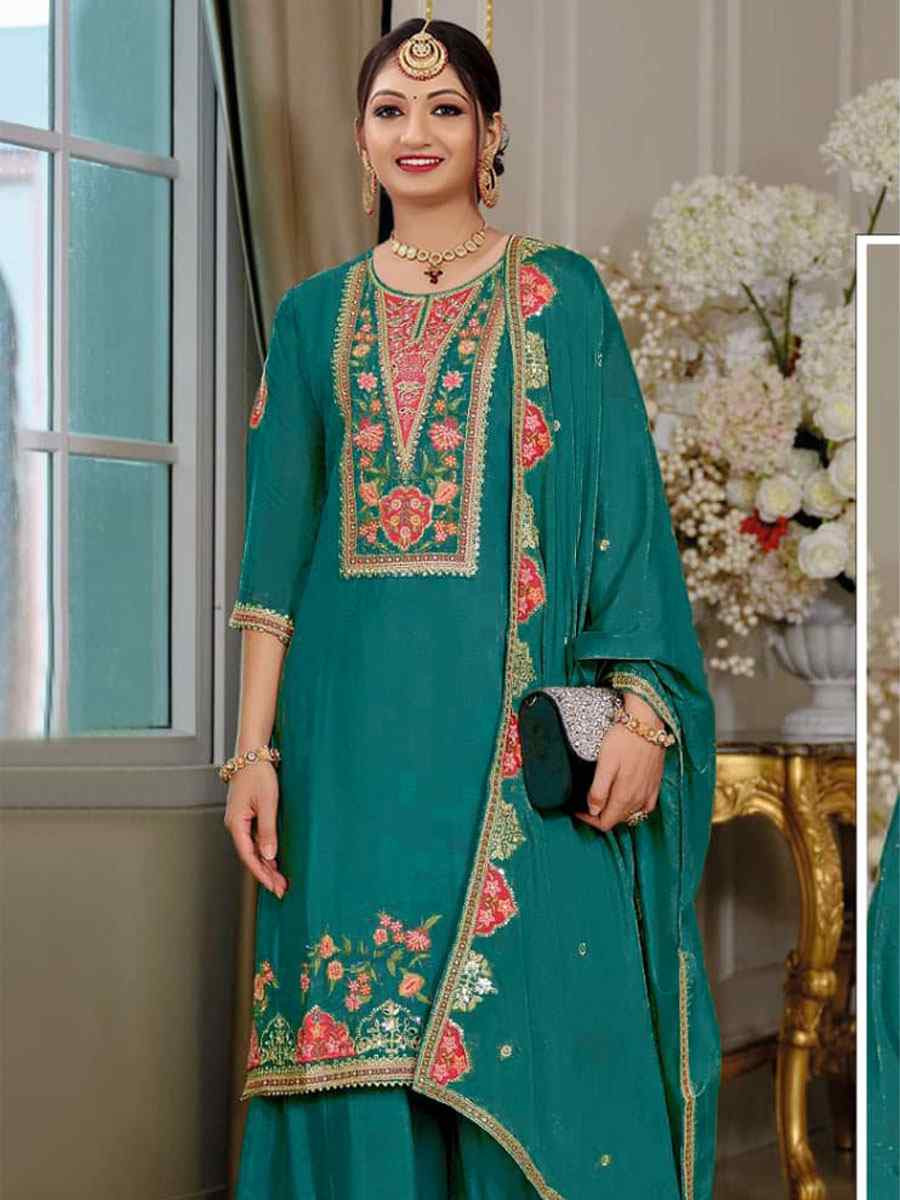 Purple Heavy Chinon Embroidered Festival Wedding Sharara Pant Salwar Kameez