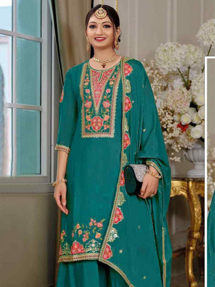 Image of Purple Heavy Chinon Embroidered Festival Wedding Sharara Pant Salwar Kameez