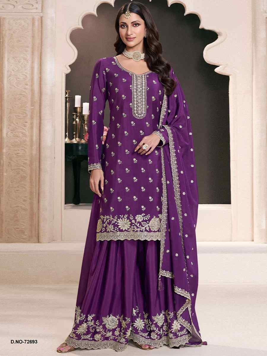 Purple Heavy Chinon Embroidered Festival Wedding Sharara Pant Salwar Kameez