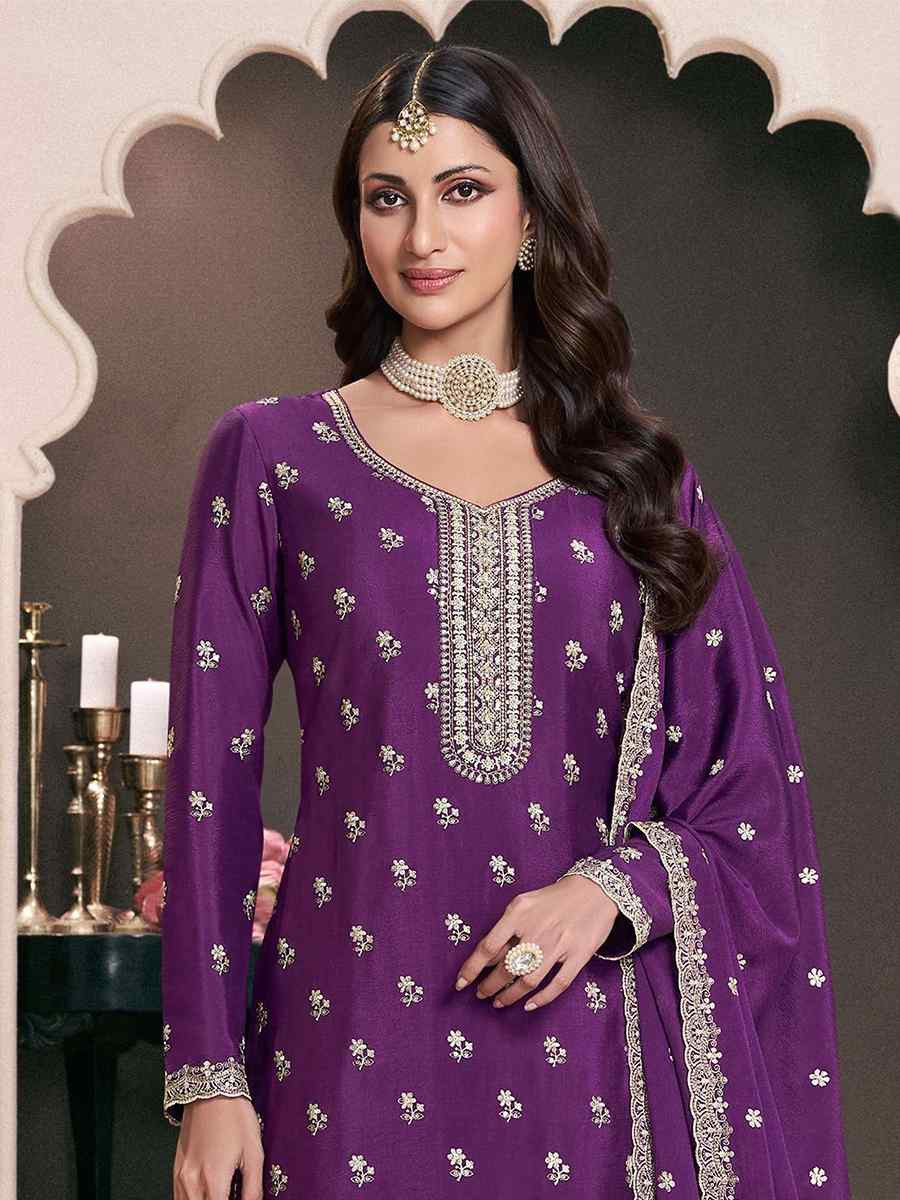 Purple Heavy Chinon Embroidered Festival Wedding Sharara Pant Salwar Kameez