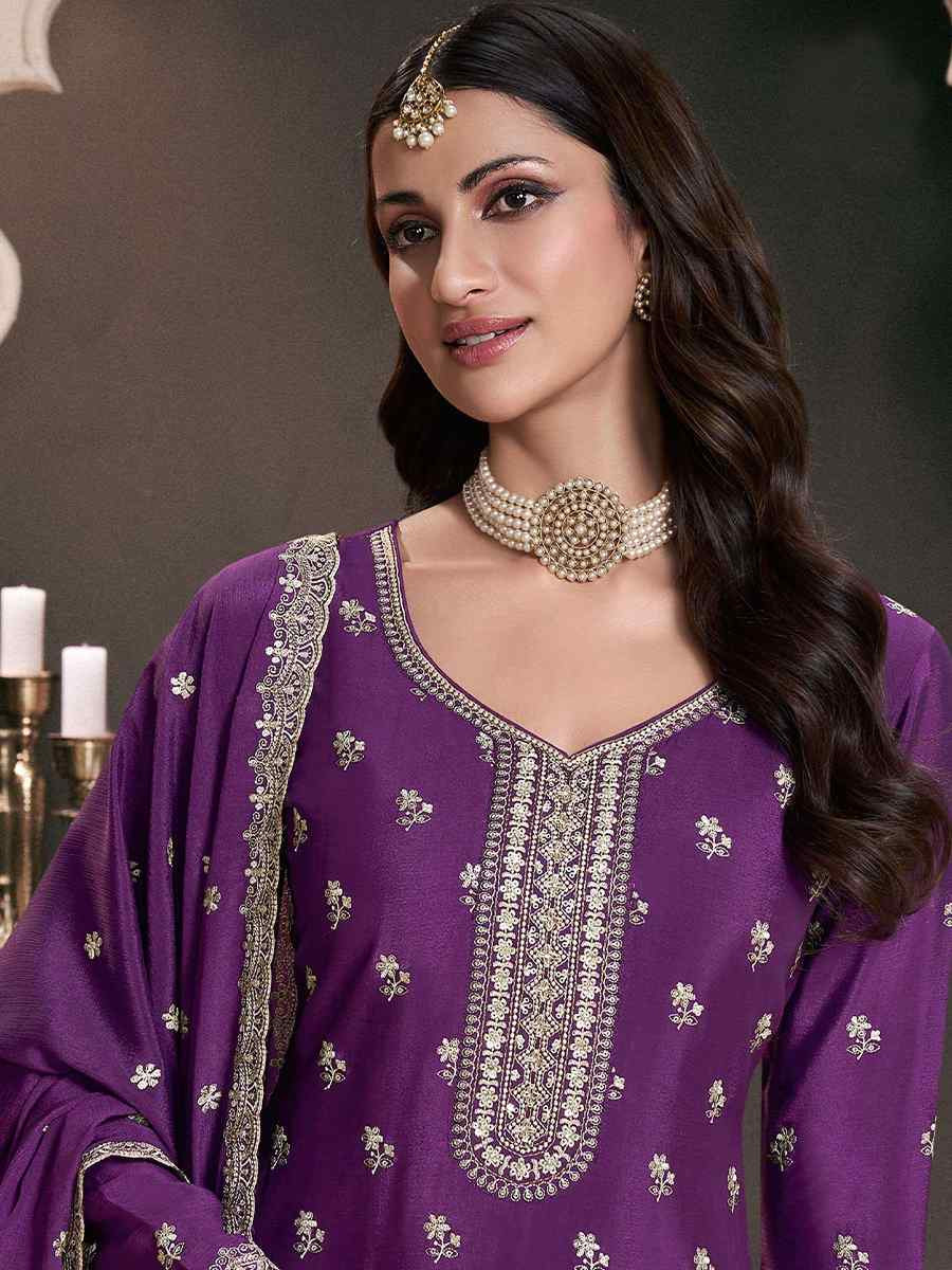 Purple Heavy Chinon Embroidered Festival Wedding Sharara Pant Salwar Kameez