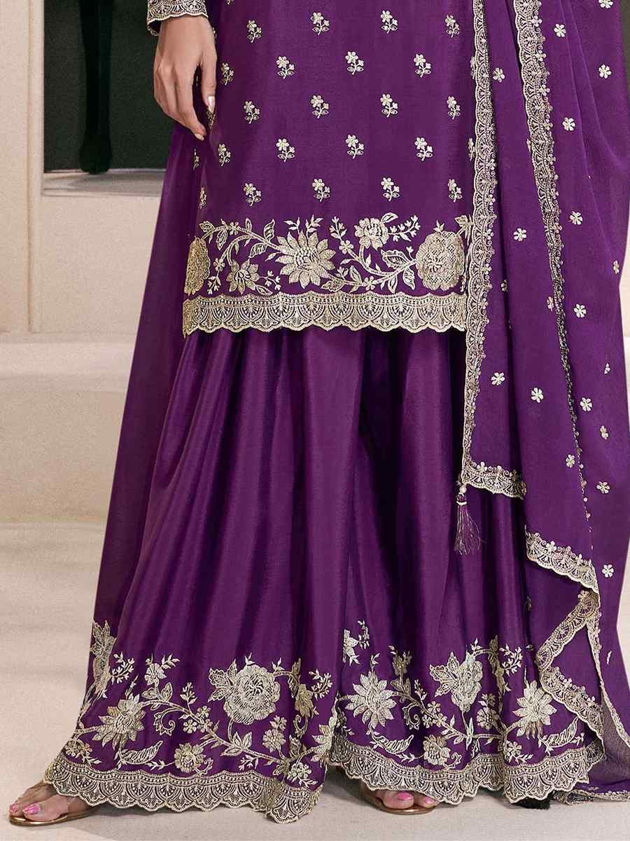 Purple Heavy Chinon Embroidered Festival Wedding Sharara Pant Salwar Kameez