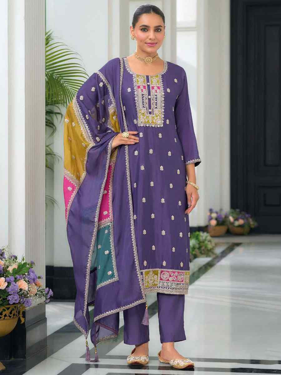 Purple Heavy Chinon Embroidery Party Wedding Festival Casual Ready Pant Salwar Kameez