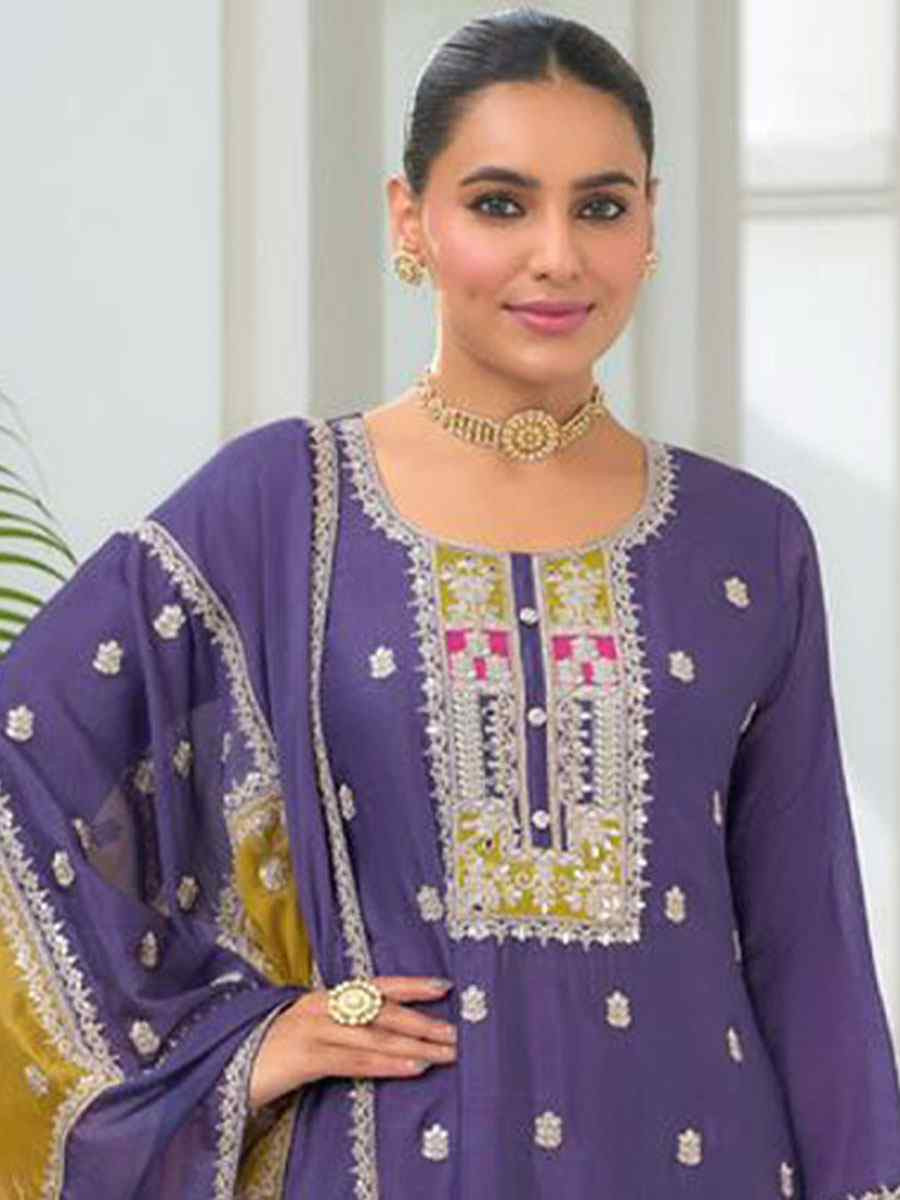 Purple Heavy Chinon Embroidery Party Wedding Festival Casual Ready Pant Salwar Kameez