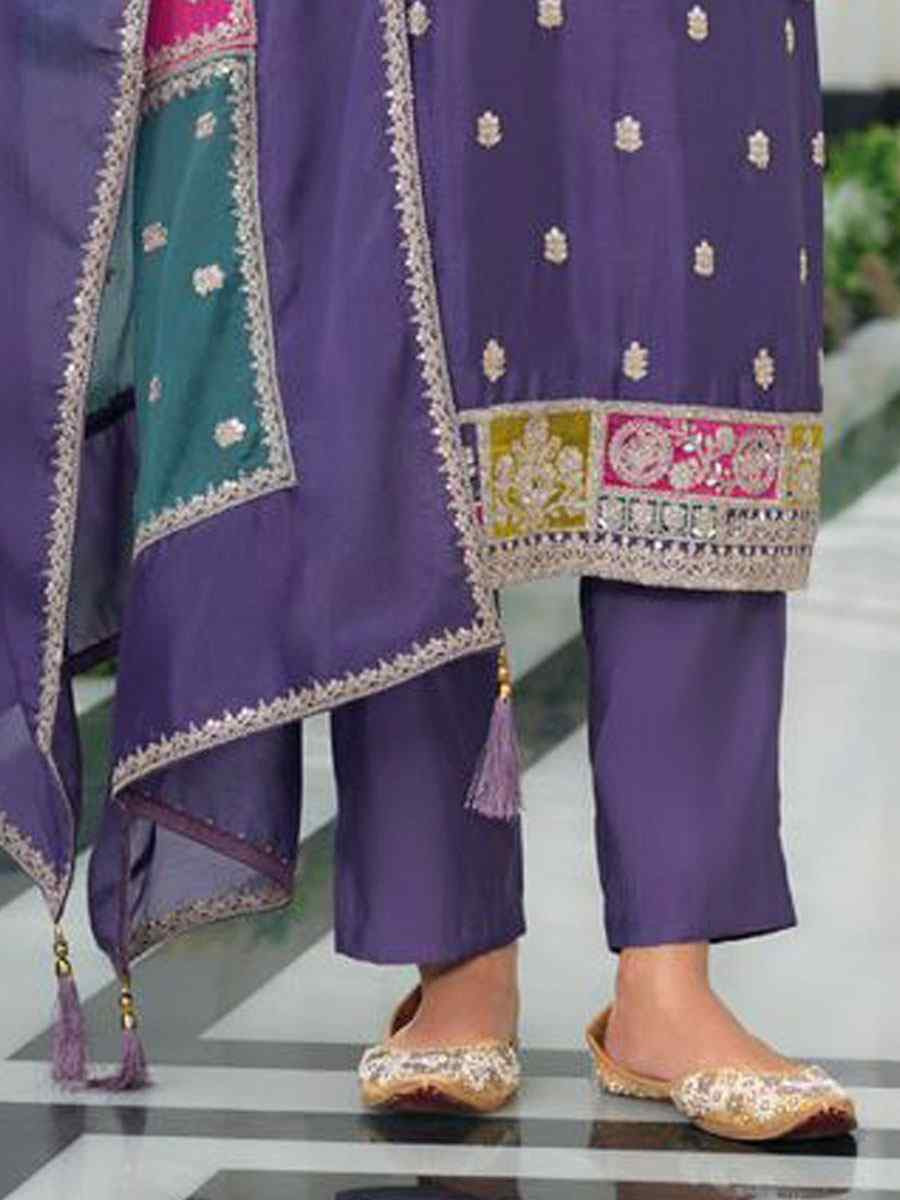 Purple Heavy Chinon Embroidery Party Wedding Festival Casual Ready Pant Salwar Kameez