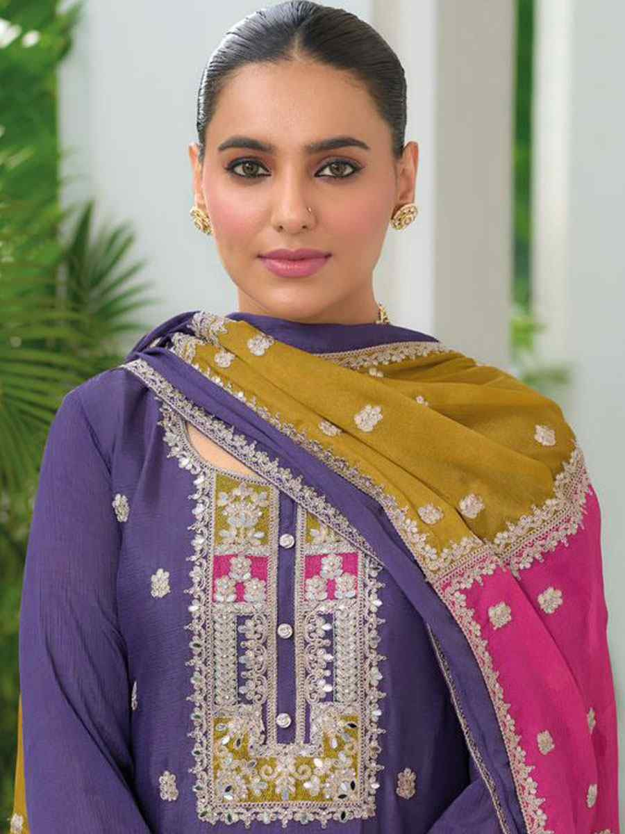 Purple Heavy Chinon Embroidery Party Wedding Festival Casual Ready Pant Salwar Kameez