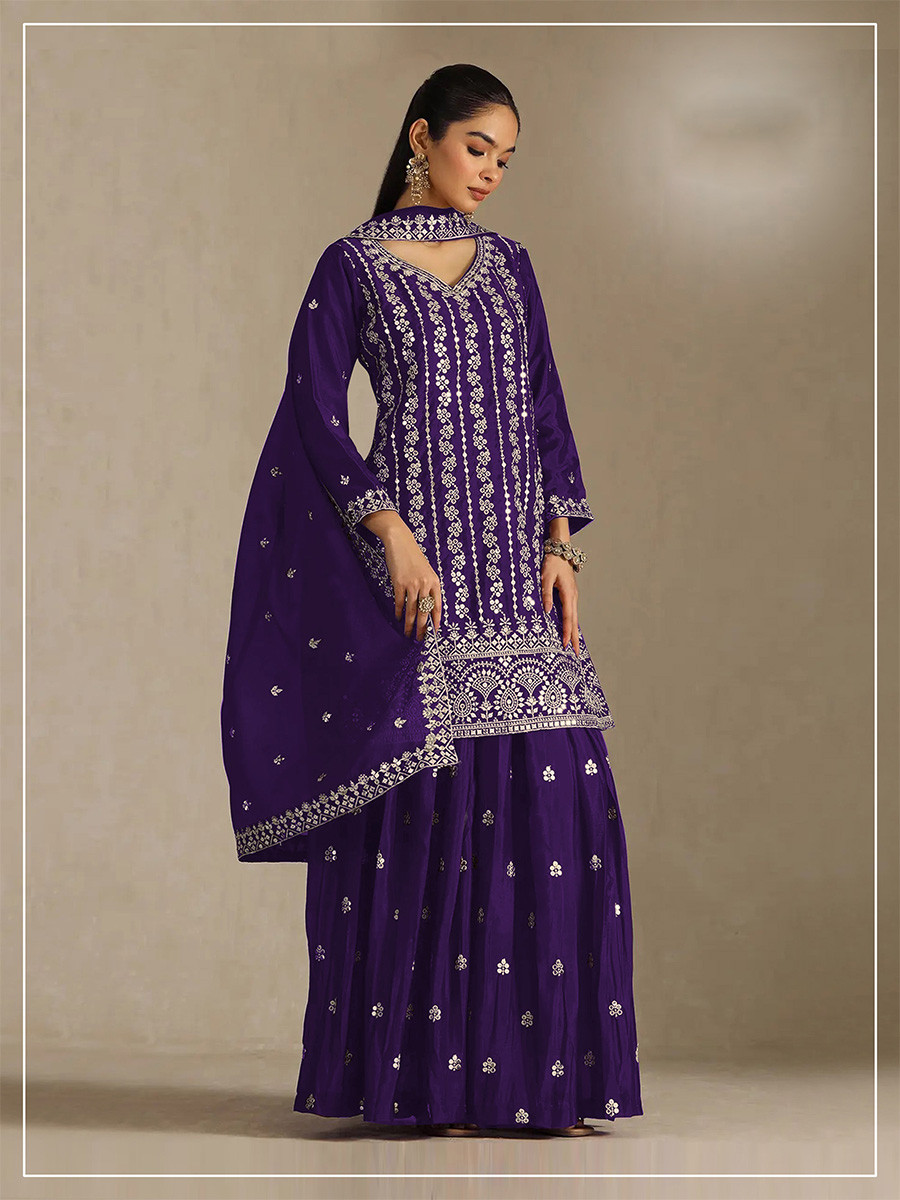 Purple Heavy Chinon Embroidery Sequins Wedding Party Festival Casual Palazzo Pant Salwar Kameez