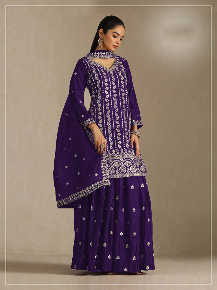 Image of Purple Heavy Chinon Embroidery Sequins Wedding Party Festival Casual Palazzo Pant Salwar Kameez