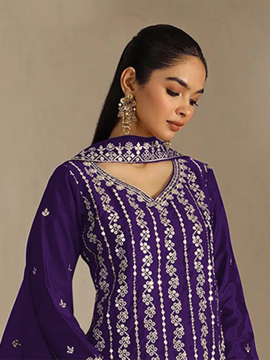 Purple Heavy Chinon Embroidery Sequins Wedding Party Festival Casual Palazzo Pant Salwar Kameez