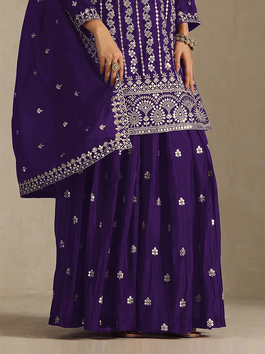 Purple Heavy Chinon Embroidery Sequins Wedding Party Festival Casual Palazzo Pant Salwar Kameez