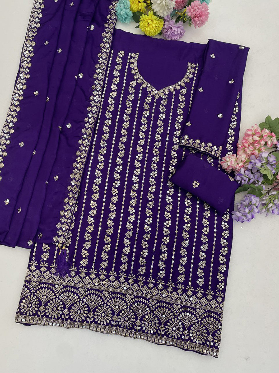 Purple Heavy Chinon Embroidery Sequins Wedding Party Festival Casual Palazzo Pant Salwar Kameez