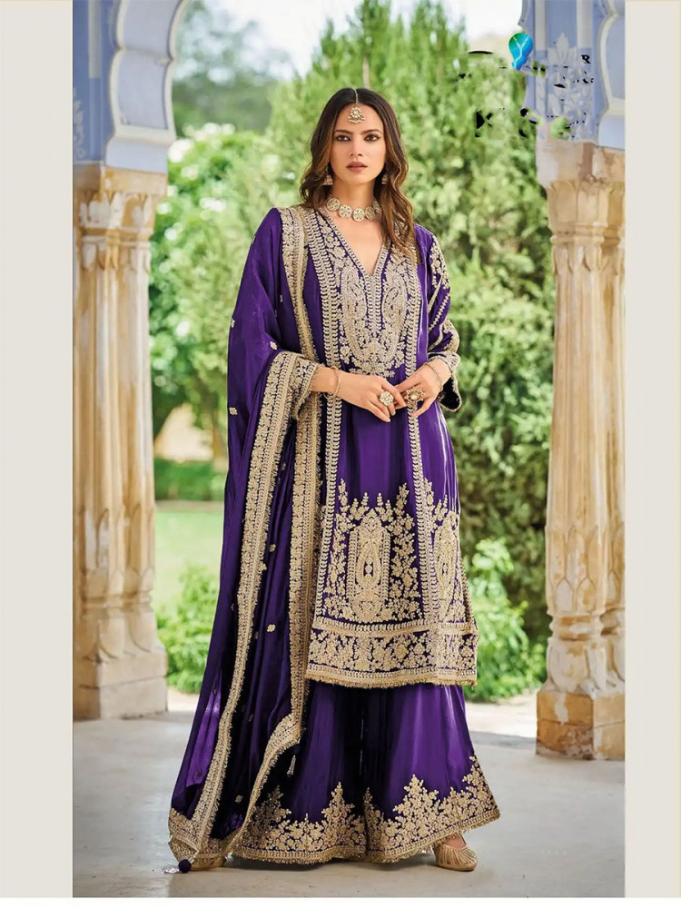 Image of Purple Heavy Chinon Embroidery Sequins Zari Wedding Party Festival Casual Ready Palazzo Pant Salwar Kameez