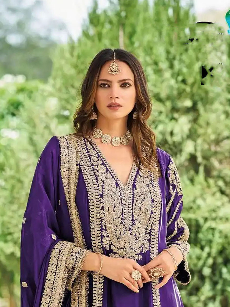 Purple Heavy Chinon Embroidery Sequins Zari Wedding Party Festival Casual Ready Palazzo Pant Salwar Kameez