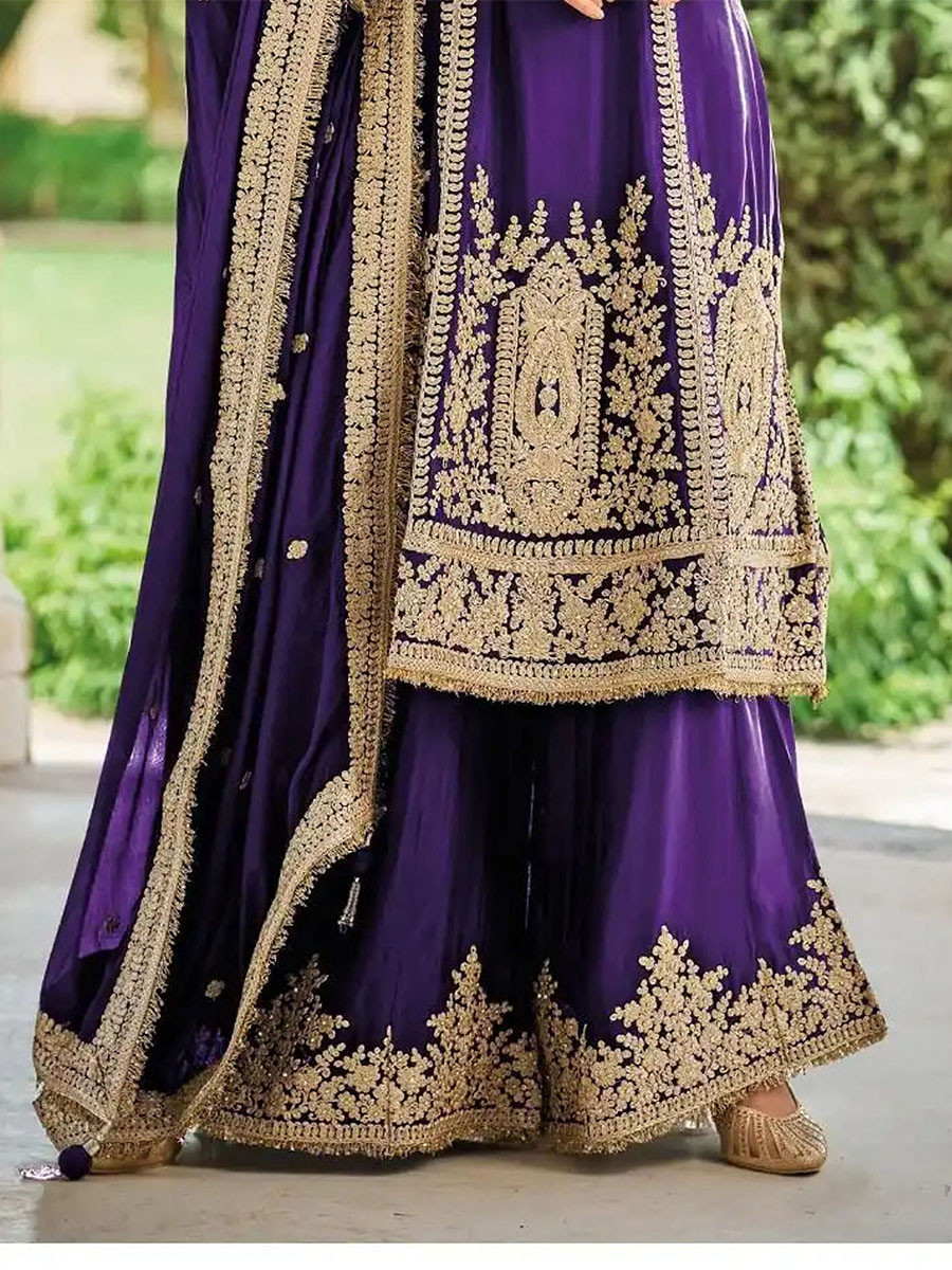 Purple Heavy Chinon Embroidery Sequins Zari Wedding Party Festival Casual Ready Palazzo Pant Salwar Kameez