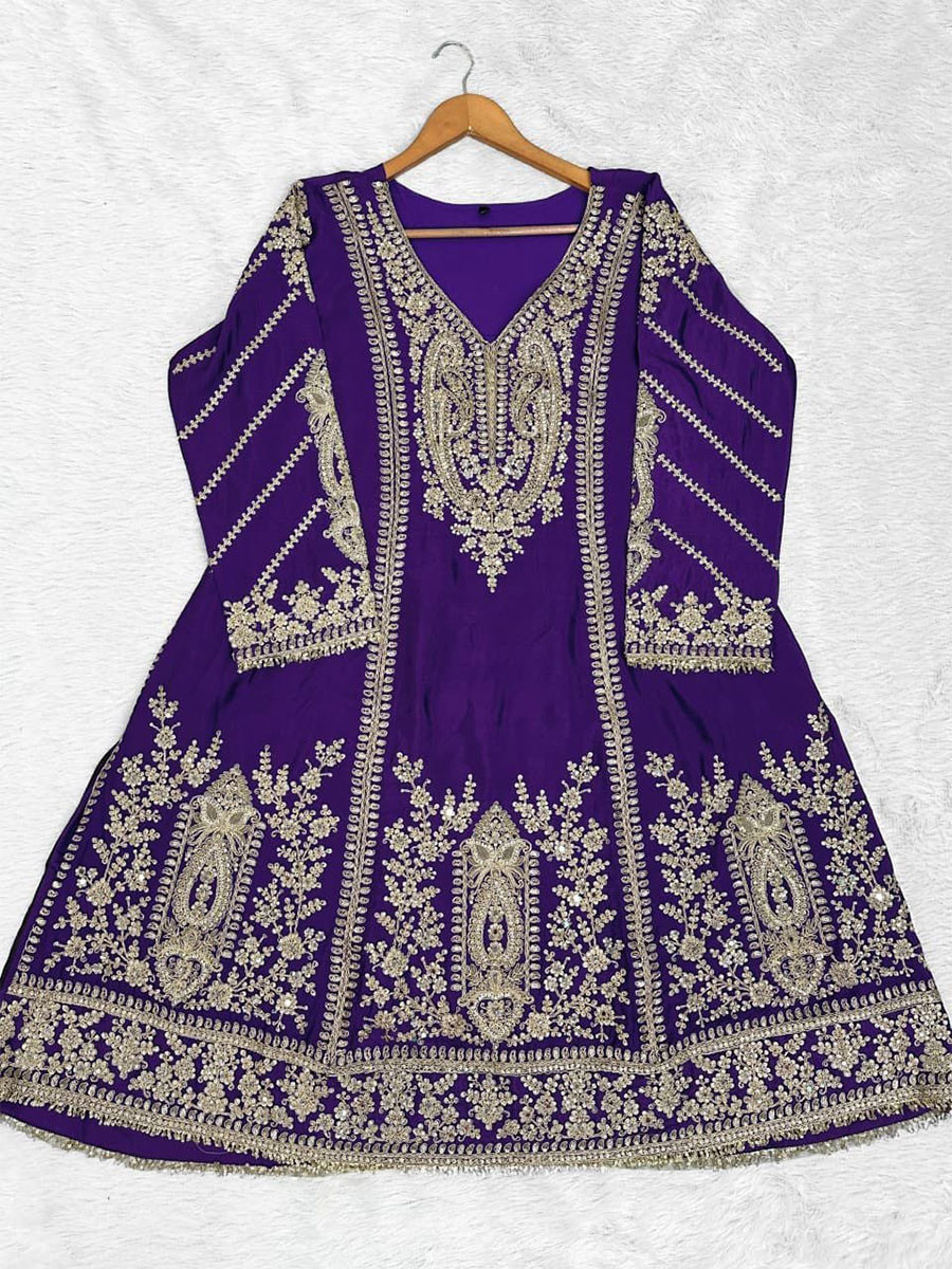 Purple Heavy Chinon Embroidery Sequins Zari Wedding Party Festival Casual Ready Palazzo Pant Salwar Kameez