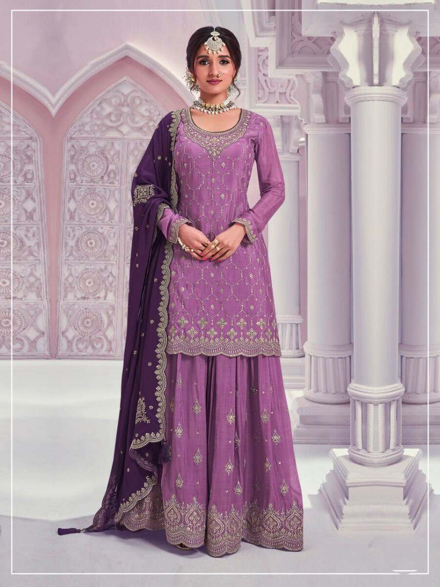 Purple Heavy Chinon Embroidery Wedding Party Festival Casual Sharara Pant Salwar Kameez
