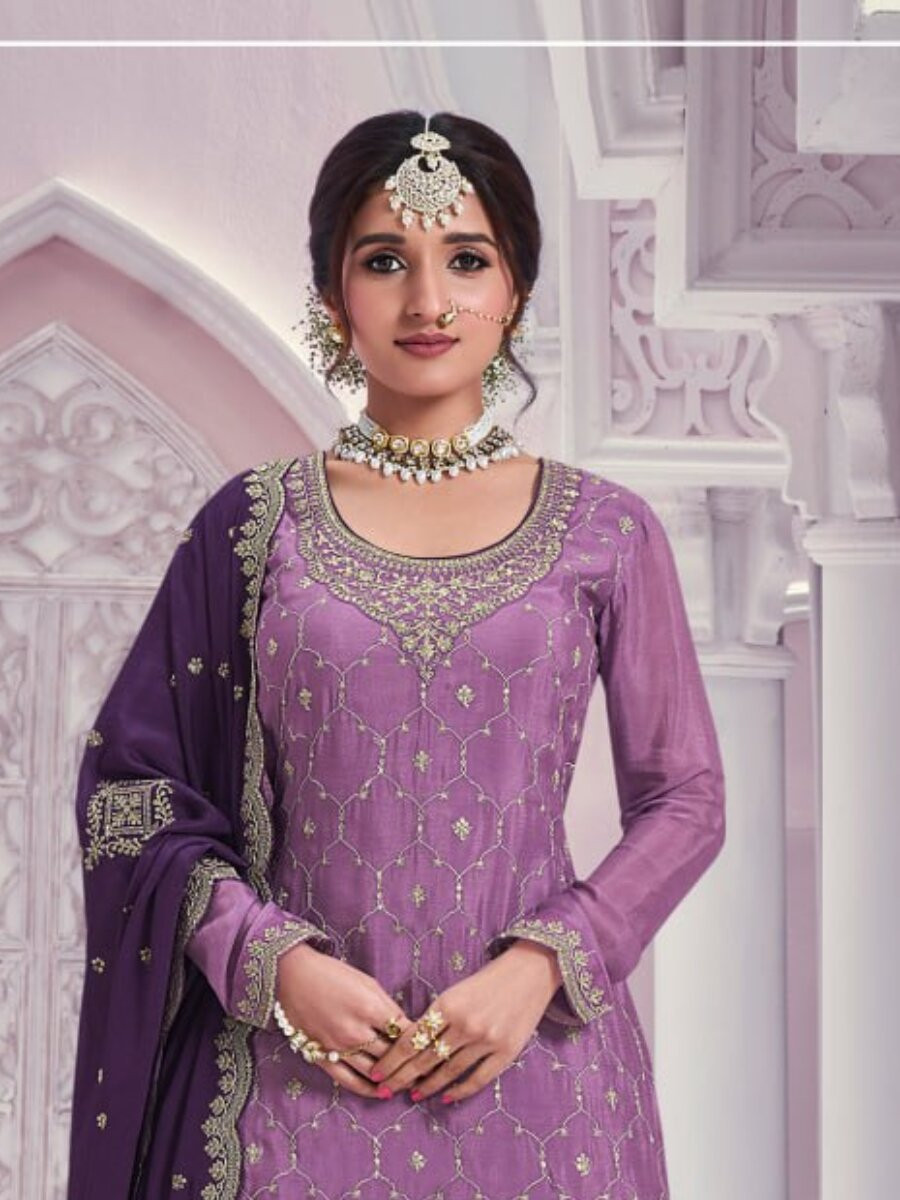 Purple Heavy Chinon Embroidery Wedding Party Festival Casual Sharara Pant Salwar Kameez