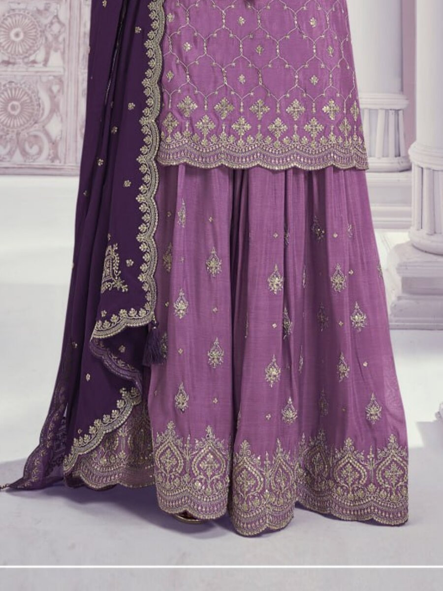 Purple Heavy Chinon Embroidery Wedding Party Festival Casual Sharara Pant Salwar Kameez