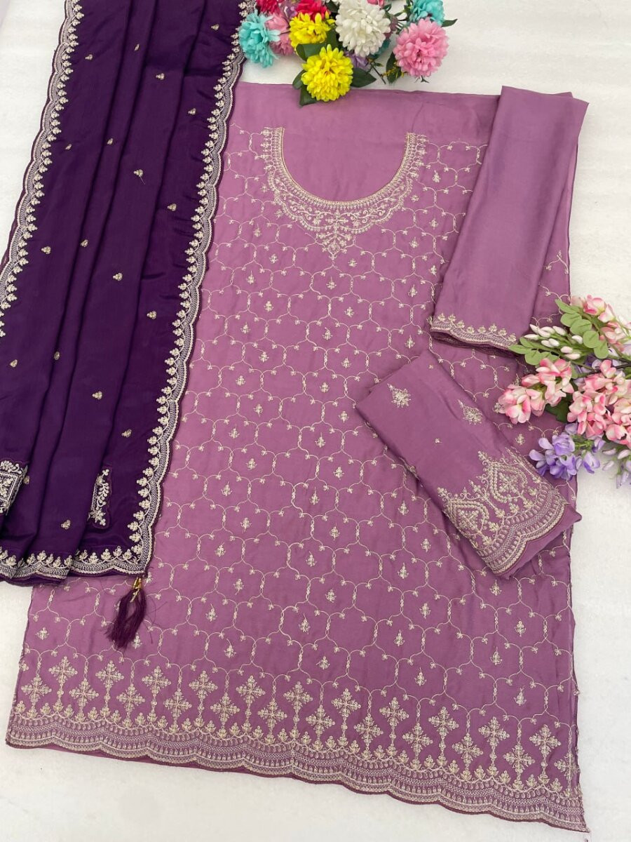 Purple Heavy Chinon Embroidery Wedding Party Festival Casual Sharara Pant Salwar Kameez