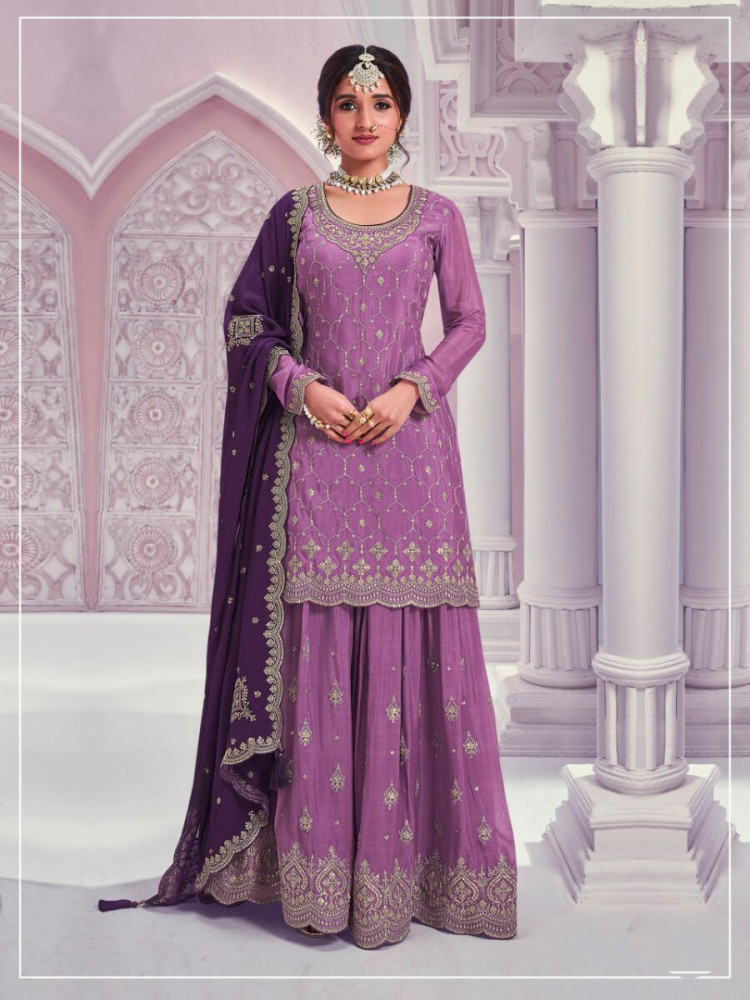 Image of Purple Heavy Chinon Embroidery Wedding Party Festival Casual Sharara Pant Salwar Kameez