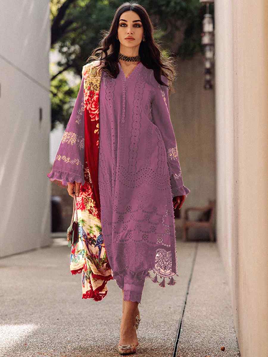 Purple Heavy Cotton Embroidered Festival Casual Pant Salwar Kameez