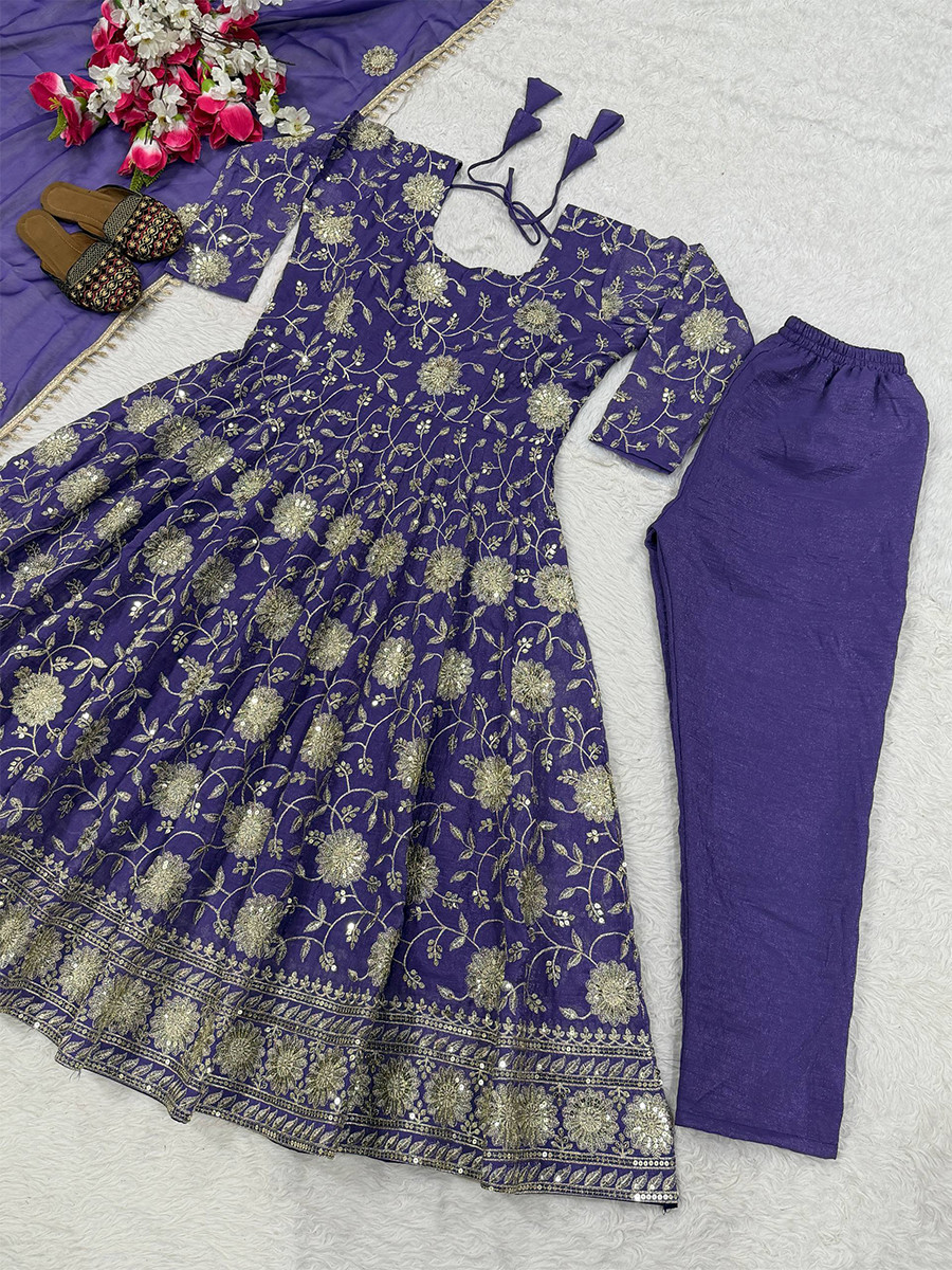 Purple Heavy Crunchy Silk Embroidery Sequins Party Wedding Festival Casual Ready Anarkali Pant Salwar Kameez