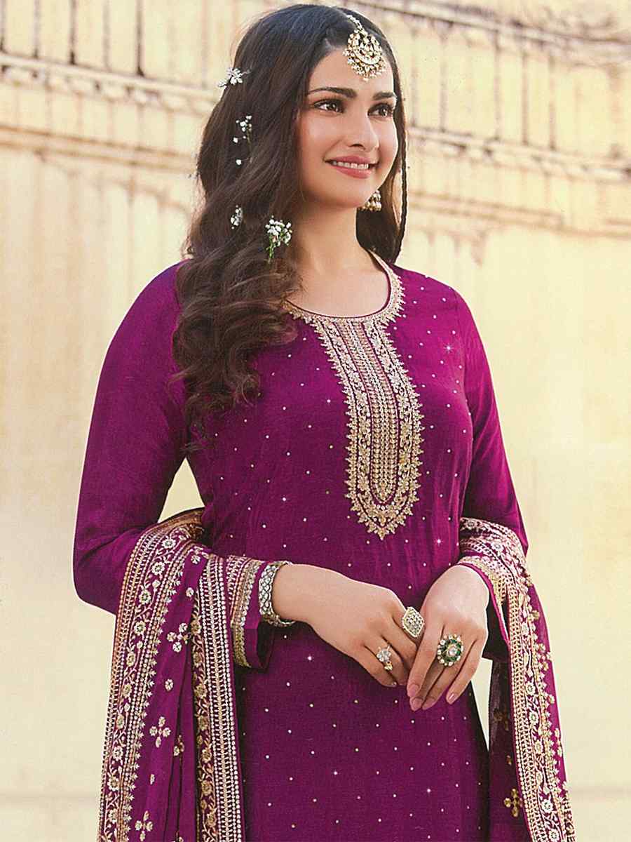 Purple Heavy Dola Silk Embroidered Festival Wedding Bollywood Style Pant Salwar Kameez