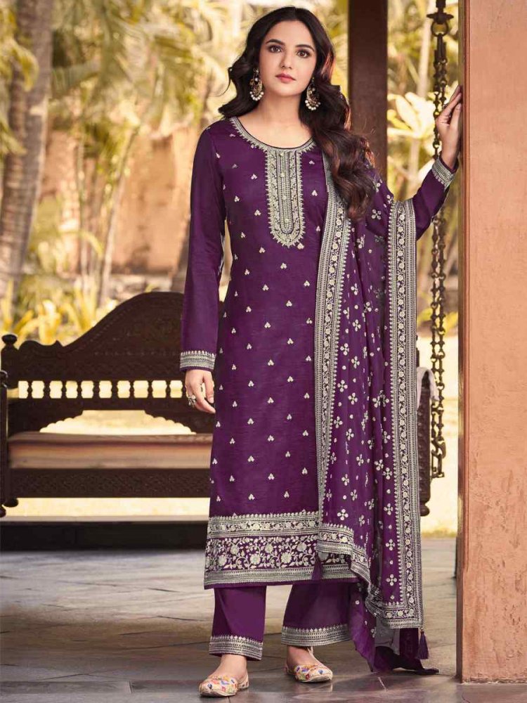 Purple Heavy Dola Silk Embroidered Festival Wedding Pant Salwar Kameez