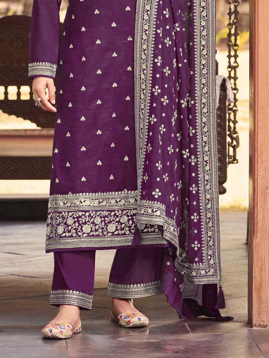 Purple Heavy Dola Silk Embroidered Festival Wedding Pant Salwar Kameez