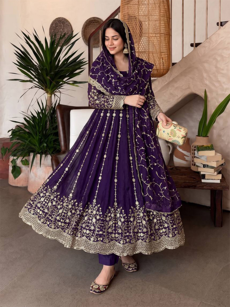 Image of Purple Heavy Fandy Silk Embroidery Sequins Zari Wedding Party Festival Casual Ready Anarkali Pant Salwar Kameez