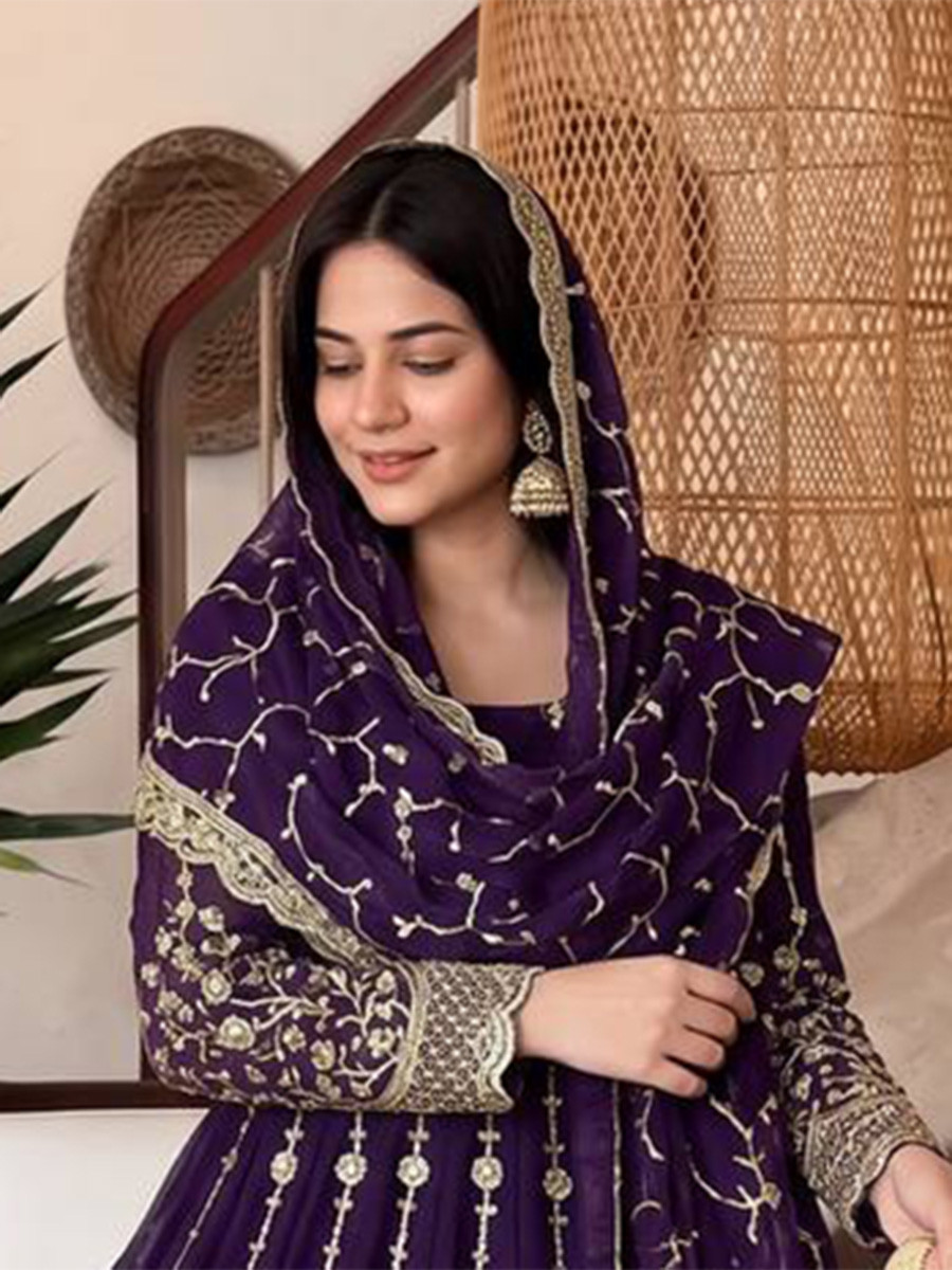 Purple Heavy Fandy Silk Embroidery Sequins Zari Wedding Party Festival Casual Ready Anarkali Pant Salwar Kameez