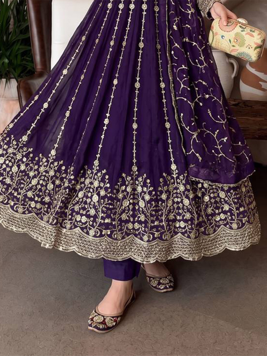 Purple Heavy Fandy Silk Embroidery Sequins Zari Wedding Party Festival Casual Ready Anarkali Pant Salwar Kameez