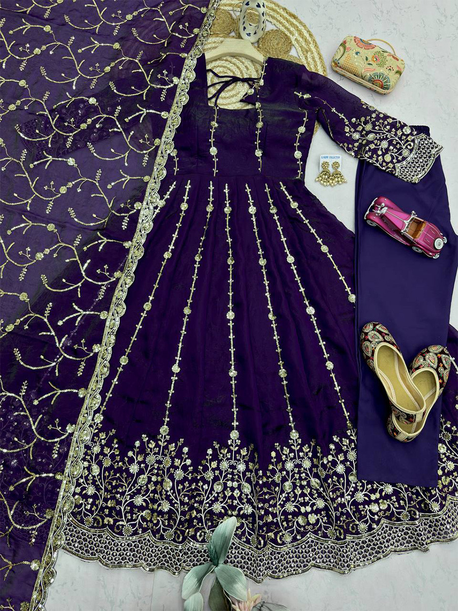 Purple Heavy Fandy Silk Embroidery Sequins Zari Wedding Party Festival Casual Ready Anarkali Pant Salwar Kameez